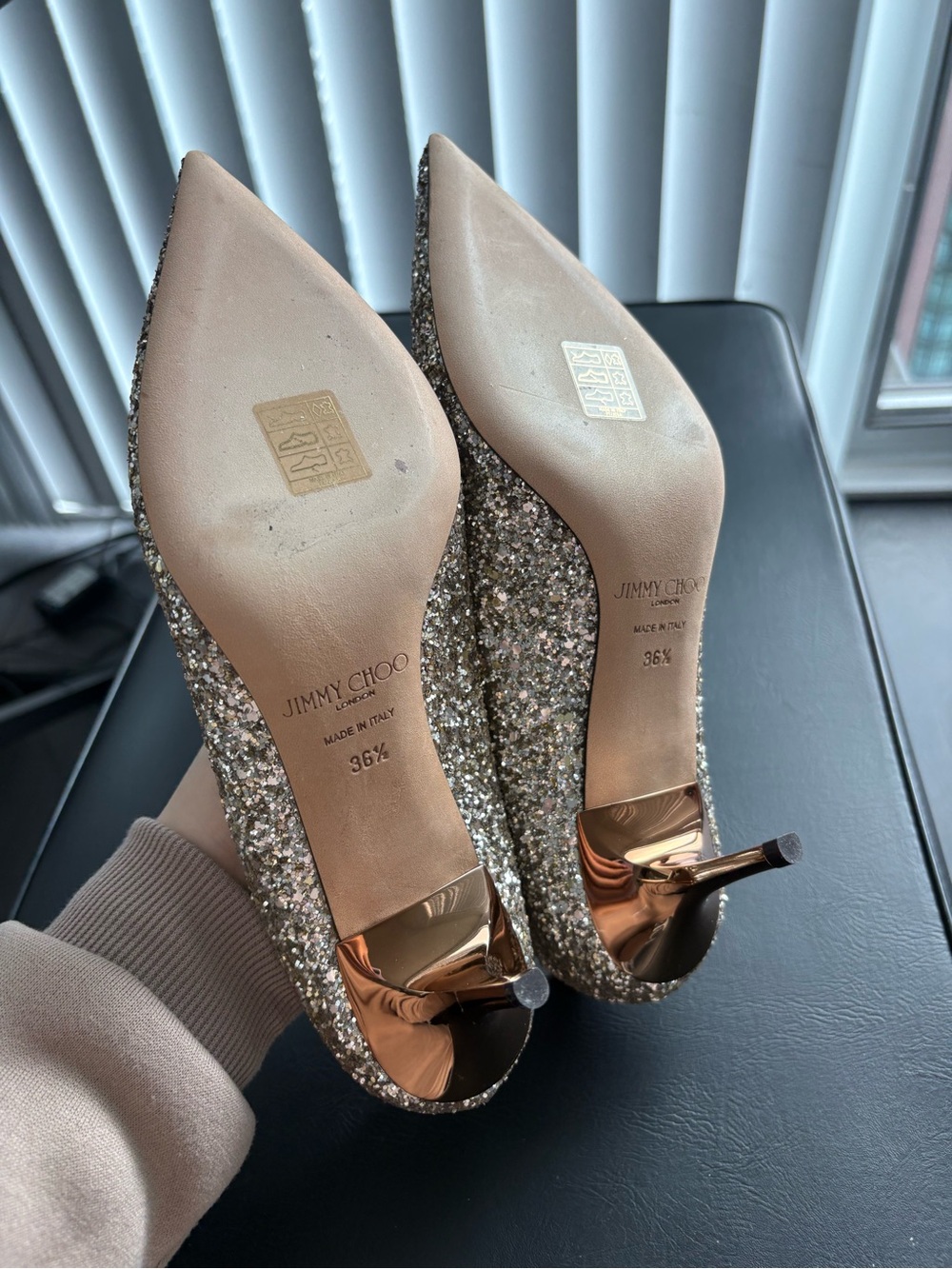 Jimmy Choo Gold Glitter Pointed Pumps - Picture 3 of 3